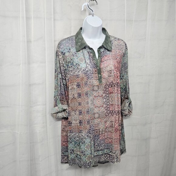 Smash! Green Pink Boho Sheer Tunic Blouse Roll Tab Hi-Low L - Picture 6 of 11